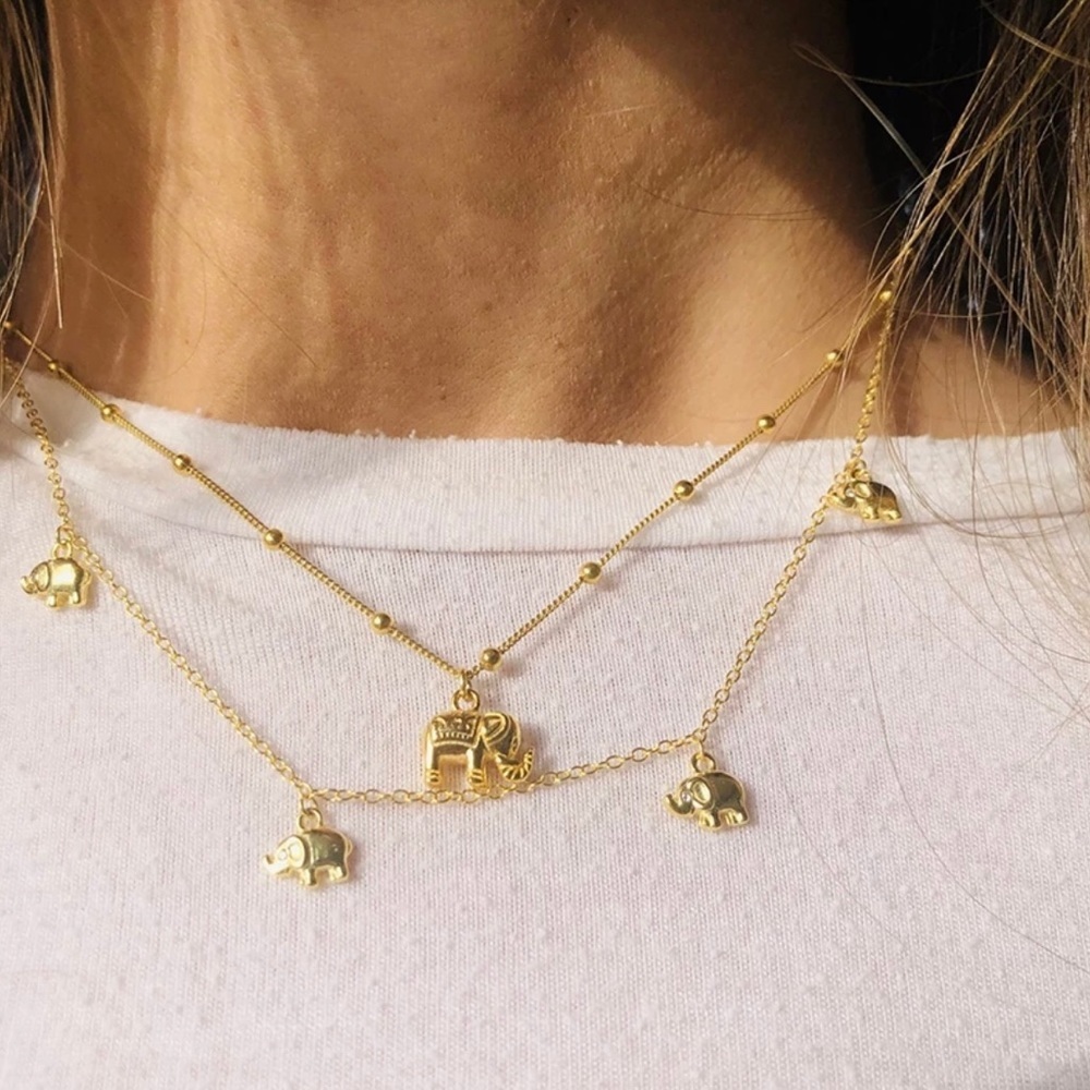 Lucky Elephants Pendant Charms 18k Gold Plated S925 Adjustable Chain Necklace